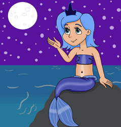 Size: 898x941 | Tagged: safe, artist:ocean lover, derpibooru import, princess luna, human, mermaid, bandeau, bare midriff, bare shoulders, belly, belly button, blue hair, child, crown, cute, female, filly, fins, fish tail, foal, human coloration, humanized, jewelry, looking up, lunabetes, mermaid princess, mermaid tail, mermaidized, mermay, midriff, moderate dark skin, moon, ms paint, night, night sky, ocean, outdoors, purple sky, regalia, rock, royalty, sitting, sky, sleeveless, species swap, stars, tail, tail fin, teal eyes, water, wave, woona, young, young luna, younger