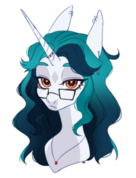 Size: 1689x2203 | Tagged: safe, artist:ruru_01, derpibooru import, oc, oc only, pony, unicorn, accessory, ear piercing, glasses, horn, long horn, long mane, looking at you, piercing, simple background, solo, white background