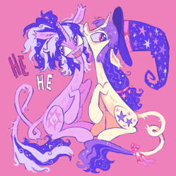 Size: 1982x1991 | Tagged: safe, artist:webkinzworldz, derpibooru import, oc, oc only, oc:midnight swirl, oc:nightowl, pony, unicorn, blaze (coat marking), bow, coat markings, colored sclera, cream coat, curly hair, curly mane, curly tail, draw this in your style, duo, duo female, ear fluff, ear tufts, ears, eyelashes, facial markings, fangs, female, floppy ears, hat, horn, leonine tail, long mane, long neck, long tail, looking away, looking up, mare, open mouth, open smile, pink background, pink coat, ponytail, profile, purple eyes, purple mane, purple sclera, purple tail, raised hoof, raised hooves, raised leg, red eyes, red text, scheming, sharp teeth, simple background, sitting, slender, smiling, sparkly eyes, sparkly mane, sparkly tail, tail, tail bow, tail fluff, talking, teeth, text, thin, thin legs, thin tail, tied mane, two toned mane, two toned tail, unicorn horn, unicorn oc, wingding eyes, wizard hat, yellow sclera, yellow text