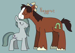 Size: 3740x2684 | Tagged: safe, artist:naggfruit, derpibooru import, marble pie, trouble shoes, earth pony, pony, g4, crack shipping, cute, duo, duo male and female, female, male, marblebetes, marbleshoes, mare, shipping, simple background, stallion, straight, troublebetes