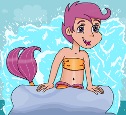 Size: 746x683 | Tagged: safe, artist:ocean lover, derpibooru import, scootaloo, human, mermaid, bandeau, bare midriff, bare shoulders, belly, belly button, boulder, child, cloud, cute, cutealoo, disney, fins, fish tail, happy, human coloration, humanized, looking at someone, mermaid lovers, mermaid tail, mermaidized, mermay, midriff, moderate dark skin, ms paint, ocean, open mouth, outdoors, part of your world, purple eyes, purple hair, rock, short hair, singing, sleeveless, species swap, splashing, tail, tail fin, the little mermaid, tomboy, water, wave