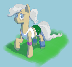Size: 1100x1026 | Tagged: safe, artist:hitsuji, derpibooru import, mayor mare, pony, g4, booty shorts, clothes, leg warmers, looking at you, ponytail, shirt, simple background, solo