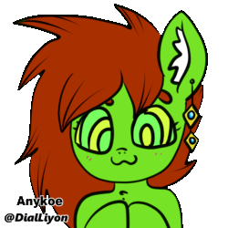 Size: 1024x1024 | Tagged: safe, artist:anykoe, artist:dialliyon, derpibooru import, oc, oc:anguis flake, lamia, original species, animated, blushing, brown mane, cute, ear fluff, ear piercing, earring, ears, female, gif, green skin, hypno eyes, hypnosis, jewelry, kaa eyes, looking at you, loop, perfect loop, piercing, signature, simple background, solo, tongue, tongue out, transparent background