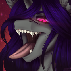 Size: 2048x2048 | Tagged: safe, alternate version, artist:enderbee, derpibooru import, oc, oc:enderbee, pony, unicorn, bust, drool, ear fluff, ears, eyeshadow, fangs, female, horn, makeup, mare, portrait, solo, teeth, tongue, tongue out