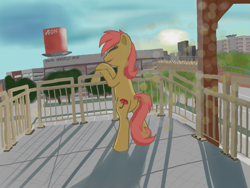 Size: 705x529 | Tagged: safe, artist:aklesswift, derpibooru import, oc, oc only, earth pony, background, day, female, happy, mare, railing, rear view, standing