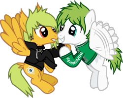 Size: 1681x1335 | Tagged: safe, artist:lightningbolt, derpibooru exclusive, derpibooru import, pegasus, pony, .svg available, alex gaskarth, all time low, awsten knight, butt fluff, buzzing wings, cheek fluff, clothes, duo, duo male, dyed mane, dyed tail, ear fluff, ears, flying, grin, heterochromia, hood, hoodie, hoof fluff, hoof grab, horseshoes, jewelry, lip bite, long sleeves, looking at each other, looking at someone, male, necklace, ponified, show accurate, simple background, smiling, species swap, spread wings, svg, tail, tail feathers, tattoo, transparent background, vector, waterparks, wing fluff, wings