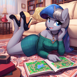 Size: 1024x1024 | Tagged: safe, ai content, derpibooru import, machine learning generated, oc, oc only, anthro, plantigrade anthro, unicorn, bare shoulders, book, bookshelf, carpet, clothes, cute, dress, female, guidebook, high heels, horn, jewelry, lamp, living room, necklace, open mouth, pointing, prompter:horselover fat, rug, shoes, shoulderless, smiling, sofa, solo, table, unicorn oc, wholesome