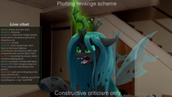 Size: 2223x1251 | Tagged: safe, artist:impamy, derpibooru import, queen chrysalis, changeling, changeling queen, angry, chat, fangs, female, glowing, glowing horn, horn, insect wings, jerma985, mare, meme, open mouth, real life background, solo, streaming, teeth, text, wings