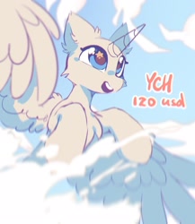 Size: 1774x2048 | Tagged: safe, artist:mirtash, derpibooru import, oc, pony, cheek fluff, chest fluff, colored, commission, ear fluff, ears, eyelashes, looking up, open mouth, open smile, partially open wings, raised hooves, smiling, solo, starry eyes, wing fluff, wingding eyes, wings, your character here