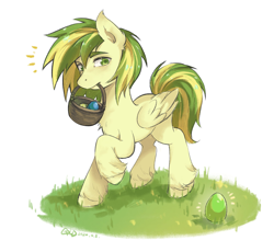 Size: 2415x2219 | Tagged: safe, artist:gold8811, derpibooru import, oc, oc only, oc:wooden toaster, pegasus, pony, basket, easter, easter egg, holiday, male, simple background, solo, white background