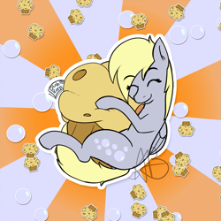 Size: 851x851 | Tagged: safe, artist:mranthony2, derpibooru import, derpy hooves, pegasus, pony, bubble, food, hug, muffin, plushie, simple background, solo, sticker