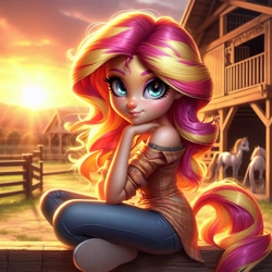 Size: 1024x1024 | Tagged: safe, ai content, derpibooru import, generator:bing image creator, generator:dall-e 3, machine learning generated, sunset shimmer, horse, equestria girls, g4, looking at you, outdoors, prompter:yet-one-more-idiot, smiling, stable, sunset