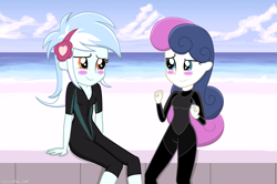Size: 3593x2389 | Tagged: safe, artist:stephen-fisher, derpibooru import, bon bon, lyra heartstrings, sweetie drops, human, equestria girls, g4, beach, blushing, clothes, female, lesbian, looking at each other, looking at someone, lyrabon, shipping, smiling, swimsuit, wetsuit