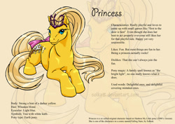 Size: 842x595 | Tagged: safe, artist:solkatt, derpibooru import, oc, oc only, oc:princess, earth pony, pony, comic:falling stars, g1, bow, female, g1 oc, jewelry, lying down, mare, prone, reference sheet, simple background, solo, tail, tail bow, tan background, tiara, zoom layer