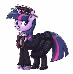 Size: 2328x2344 | Tagged: safe, artist:king-kakapo, edit, twilight sparkle, unicorn twilight, pony, unicorn, clothed ponies, clothes, cloven hooves, cropped, female, grin, hat, hoof shoes, lolita fashion, looking at you, mare, simple background, skirt, smiling, smiling at you, solo, stockings, unshorn fetlocks, upscaled, white background