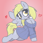 Size: 1900x1900 | Tagged: safe, artist:t72b, derpibooru exclusive, derpibooru import, derpy hooves, pegasus, pony, g4, blushing, choker, clothes, cute, derpabetes, dress, female, gradient background, heart, mare, sitting, solo, spread wings, sweater, sweater dress, weapons-grade cute, wings