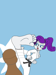 Size: 7632x10176 | Tagged: safe, derpibooru import, rarity, human, equestria girls, g4, barefoot, black belt, clothes, feet, foot focus, gi, martial artist rarity, martial arts, underfoot