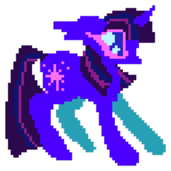 Size: 500x500 | Tagged: safe, artist:larvaecandy, derpibooru import, twilight sparkle, pony, unicorn, g4, alternate color palette, alternate eye color, big eyes, colored, colored sclera, digital art, ear fluff, ears, eye clipping through hair, female, flat colors, floppy ears, horn, long mane, long tail, mare, multicolored mane, multicolored tail, no mouth, pink sclera, pixel animation, pixel art, profile, purple coat, purple eyes, simple background, solo, standing, straight mane, straight tail, tail, transparent background, unicorn horn, wingding eyes