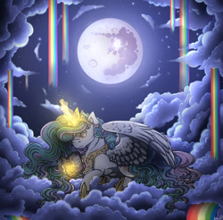 Size: 1280x1259 | Tagged: safe, artist:binibean, derpibooru import, princess celestia, alicorn, pony, g4, book, cloud, female, full moon, levitation, lying down, lying on a cloud, magic, mare, mare in the moon, moon, night, on a cloud, prone, rainbow waterfall, reading, solo, telekinesis