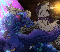 Size: 1280x1116 | Tagged: safe, artist:binibean, derpibooru import, princess celestia, princess luna, alicorn, pony, between dark and dawn, g4, 80s princess luna, alternate hairstyle, choker, duo, duo female, female, glowing, glowing horn, horn, jewelry, looking back, mare, necklace, punklestia, royal sisters, siblings, sisters, spiked choker, spread wings, tongue, tongue out, wings