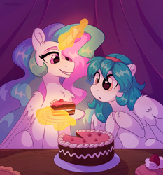 Size: 2000x2150 | Tagged: safe, artist:skysorbett, derpibooru import, princess celestia, oc, alicorn, pegasus, pony, g4, cake, chest fluff, duo, duo female, eyes on the prize, female, food, glowing, glowing horn, hooves together, horn, levitation, looking at someone, looking at something, magic, magic aura, mare, pegasus oc, plate, smiling, starry eyes, table, telekinesis
