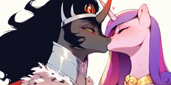 Size: 2400x1200 | Tagged: safe, ai content, derpibooru import, machine learning generated, king sombra, princess cadance, queen umbra, alicorn, pony, unicorn, g4, blush lines, blushing, bust, duo, eyes closed, female, half r63 shipping, heart, horn, infidelity, kiss on the lips, kissing, lesbian, looking at someone, mare, princess cheatdance, rule 63, ship:umbradance, shipping, simple background, somdance, sweat, white background