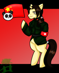 Size: 942x1163 | Tagged: safe, artist:mistyrainbowfleece, derpibooru import, pony, unicorn, bipedal, china, clothes, hetalia, horn, male, nation ponies, ponified, solo, species swap, tail, tail wrap
