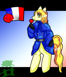 Size: 628x742 | Tagged: safe, artist:mistyrainbowfleece, derpibooru import, earth pony, pony, bipedal, clothes, facial hair, flower, france, hetalia, hoof hold, male, nation ponies, ponified, solo, species swap