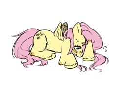 Size: 1058x750 | Tagged: safe, artist:wingedcass, derpibooru import, fluttershy, pegasus, pony, g4, lying down, nervous, nervous sweat, simple background, solo, sweat, white background