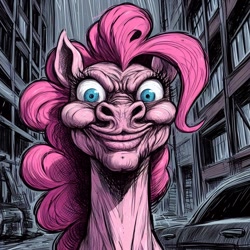 Size: 1024x1024 | Tagged: safe, ai content, derpibooru import, generator:bing image creator, generator:dall-e 3, machine learning generated, pinkie pie, earth pony, pony, g4, abomination, bust, city, cursed image, manga style, nightmare fuel, outdoors, prompter:enterusxrname, solo