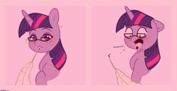 Size: 2480x1280 | Tagged: safe, artist:starburstuwu, derpibooru import, twilight sparkle, pony, unicorn, g4, 2 panel comic, blushing, bust, comic, cute, ears, female, floating heart, floppy ears, glasses, heart, horn, ink, mare, pink background, quill, simple background, solo, tongue, tongue out, twiabetes