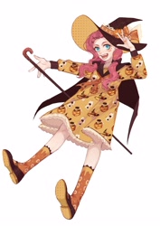 Size: 2000x2828 | Tagged: safe, artist:xieyanbbb, derpibooru import, pinkie pie, human, g4, cane, cape, clothes, dia de los muertos, dress, halloween, hat, holiday, humanized, jack-o-lantern, long socks, pumpkin, shoes, simple background, solo, white background, witch hat