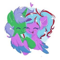 Size: 875x875 | Tagged: safe, artist:skylinepony_, derpibooru import, oc, oc only, pegasus, pony, cute, duo, duo female, eyes closed, female, fluffy, heart, hug, pegasus oc, simple background, smiling, white background