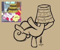 Size: 1454x1200 | Tagged: safe, artist:hopefulsparks, derpibooru import, sweetie belle, pony, unicorn, g4, bucket, female, filly, foal, horn, monochrome, scene interpretation, screencap reference, simple background, sketch