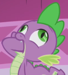 Size: 340x376 | Tagged: safe, derpibooru import, screencap, spike, dragon, g4, the ticket master, carousel boutique, cropped, derp, faic, fangs, great moments in animation, green, green eyes, hand in mouth, purple, scales, slit eyes, solo, wingless spike