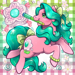 Size: 2400x2400 | Tagged: safe, artist:sparkytopia, derpibooru import, earth pony, pony, g3, bow, bracelet, digital art, female, green eyes, green mane, hair bow, jewelry, mare, may belle, mouth hold, pink coat, piñata, shiny mane, solo, sparkles, tail, tail bow, teal mane