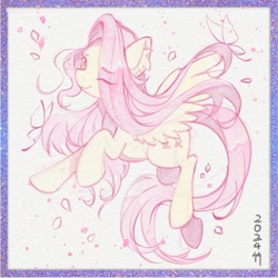 Size: 1280x1280 | Tagged: safe, artist:co306012, derpibooru import, fluttershy, pegasus, pony, g4, female, mare, one eye closed, petals, smiling, solo, spread wings, wings, wink