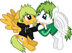 Size: 1786x1326 | Tagged: safe, artist:lightningbolt, derpibooru exclusive, derpibooru import, part of a set, pegasus, pony, g4, .svg available, alex gaskarth, all time low, awsten knight, blushing, butt fluff, buzzing wings, cheek fluff, clothes, duo, duo male, dyed mane, dyed tail, ear fluff, ears, ears back, flying, gay, heterochromia, hood, hoodie, hoof fluff, hoof grab, horseshoes, jewelry, kissing, lip bite, long sleeves, looking at each other, looking at someone, male, necklace, ponified, shipping, show accurate, simple background, smiling, species swap, spread wings, svg, tail, tail feathers, tattoo, transparent background, vector, waterparks, wing fluff, wings