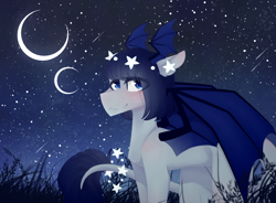 Size: 2000x1473 | Tagged: safe, artist:riressa, derpibooru import, oc, oc:blumoon, bat pony, pony, female, mare, night, solo, wing ears, wings