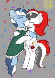 Size: 1000x1414 | Tagged: safe, artist:wh189, derpibooru import, oc, oc:red rocket, oc:river swirl, unicorn, equestria at war mod, confetti, cute, cutie mark, female, happy, horn, hug, lesbian, oc x oc, shipping, snuggling