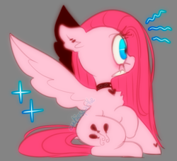 Size: 837x764 | Tagged: safe, artist:cutiesparke, derpibooru import, pinkie pie, pegasus, pony, g4, alternate cutie mark, chest fluff, choker, cyan eyes, ear fluff, ears, ears back, eyelashes, female, gray background, hoof heart, pegasus pinkie pie, pinkamena diane pie, race swap, raised hoof, raised leg, simple background, solo, sparkles, spread wings, underhoof, wide eyes, wings