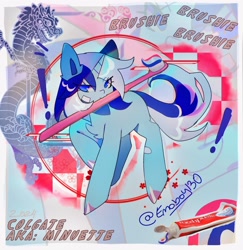 Size: 2115x2172 | Tagged: safe, artist:emoboy130, derpibooru import, minuette, dragon, pony, unicorn, g4, :3, abstract background, bandaid, blue eyes, blue mane, border, chest fluff, colored, colored hooves, eye clipping through hair, eyebrows, eyebrows visible through hair, eyelashes, female, high res, horn, lidded eyes, long mane, long tail, mare, mouth hold, narrowed eyes, pink text, raised hoof, raised leg, shiny hooves, shiny mane, shiny tail, signature, smiling, solo, tail, text, toothbrush, toothpaste, two toned mane, two toned tail, unicorn horn, wingding eyes, zoom layer