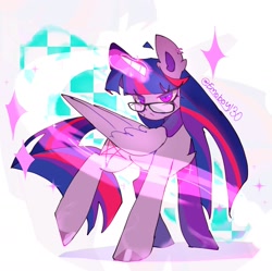 Size: 1648x1644 | Tagged: safe, artist:emoboy130, derpibooru import, twilight sparkle, twilight sparkle (alicorn), alicorn, pony, g4, abstract background, ahoge, alternate cutie mark, bandaid, bangs, big ears, chest fluff, colored, colored hooves, colored pinnae, colored sclera, ear fluff, ear piercing, earring, ears, eye clipping through hair, eyelashes, female, folded wings, frown, glowing, glowing horn, horn, jewelry, large wings, lidded eyes, long mane, long tail, magic, mare, multicolored mane, multicolored tail, narrowed eyes, pentagram, piercing, pink sclera, purple coat, purple eyes, raised leg, shadow, shiny hooves, signature, solo, sparkles, tail, tall ears, unicorn horn, wingding eyes, wings, zoom layer