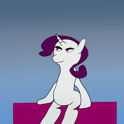 Size: 2000x2000 | Tagged: safe, artist:crimsonenjoyer, derpibooru import, rarity, pony, g4, curved horn, full body, gradient background, horn, i can't think of anymore tags to add, krita, lidded eyes, looking away, missing cutie mark, no tail, purple mane, sitting, smiling
