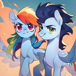 Size: 1024x1024 | Tagged: safe, ai content, derpibooru import, generator:purplesmart.ai, generator:stable diffusion, machine learning generated, rainbow dash, soarin', pegasus, pony, g4, best pony, cute, dashabetes, female, heartwarming, male, mare, shipping, soarindash, stallion, straight