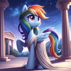 Size: 1024x1024 | Tagged: safe, ai content, derpibooru import, generator:bing image creator, generator:dall-e 3, machine learning generated, rainbow dash, pegasus, pony, g4, ancient greece, clothes, column, laurel wreath, night, prompter:tychotma-1, raised hoof, raised leg, solo, stars, temple, toga