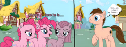 Size: 4096x1517 | Tagged: safe, artist:thebronypony123, derpibooru import, bubble berry, pinkie pie, oc, oc:braden, earth pony, pony, g4, 2 panel comic, chest fluff, comic, dialogue, ear fluff, ears, female, hock fluff, male, open mouth, open smile, pinkamena diane pie, ponyville, raised hoof, raised leg, rule 63, self paradox, self ponidox, smiling, sweat, sweatdrops, thought bubble, triality