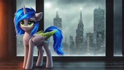 Size: 1920x1080 | Tagged: safe, ai content, derpibooru import, machine learning generated, oc, oc only, alicorn, pony, blue mane, blue tail, city, cityscape, colored wings, ear piercing, green eyes, indoors, piercing, solo, standing, tail, two toned mane, two toned tail, two toned wings, window, wings