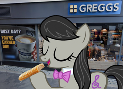 Size: 760x550 | Tagged: safe, derpibooru import, ponybooru exclusive, octavia melody, earth pony, pony, british, eating, female, food, greggs, irl, mare, meat, photo, ponies eating meat, ponies in real life, solo, united kingdom