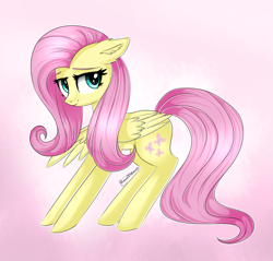 Size: 2173x2077 | Tagged: safe, artist:queenofsilvers, derpibooru import, fluttershy, pegasus, pony, g4, ear fluff, ears, female, high res, looking at you, looking sideways, mare, one wing out, signature, smiling, smiling at you, solo, tail, watermark, wings
